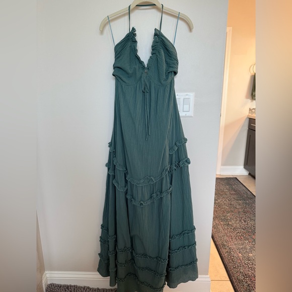 Dark Teal Ruffle Ruched Deep V-Neck Dress - Picture 3 of 6